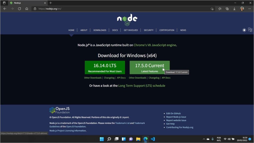 Download do instalador do NodeJs