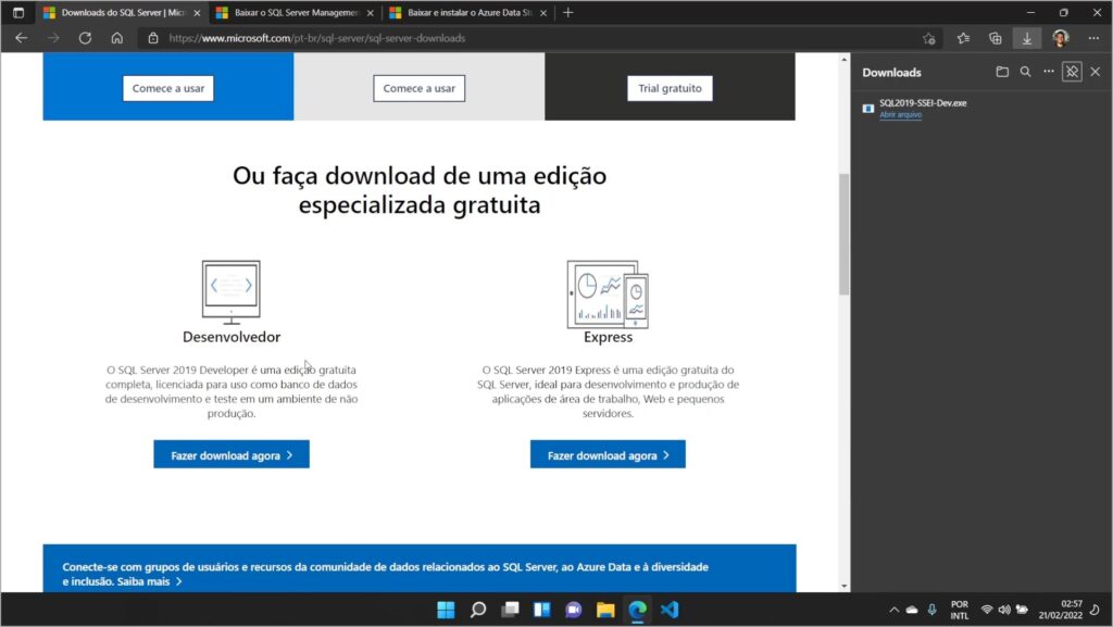 Download do instalador do Sql Server