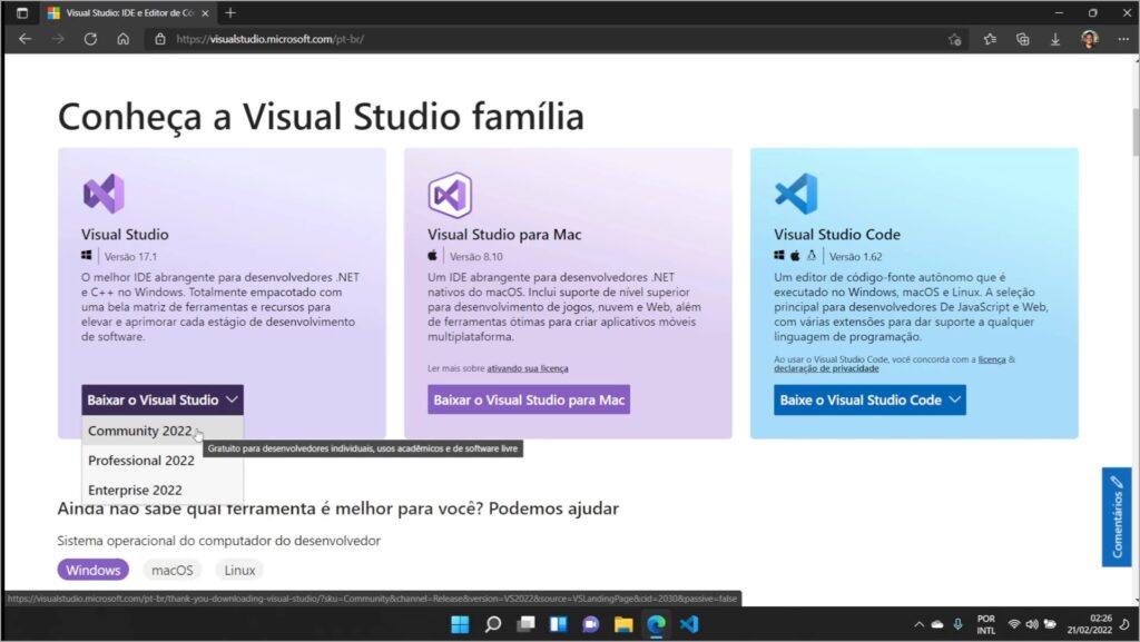 Baixando o instalador do Visual Studio 2022