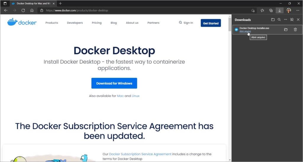 Download do instalador do Docker para Windows