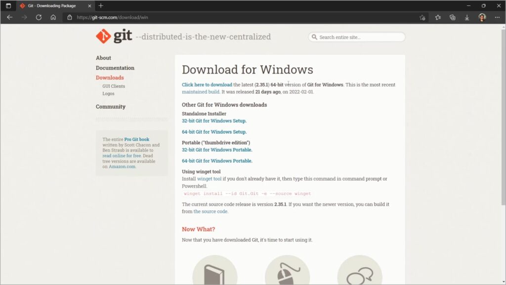 Tela de seleção do insntalador do git para download