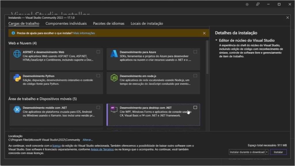 Inicio da seleção das Cargas de Trabalho do Visual Studio 2022