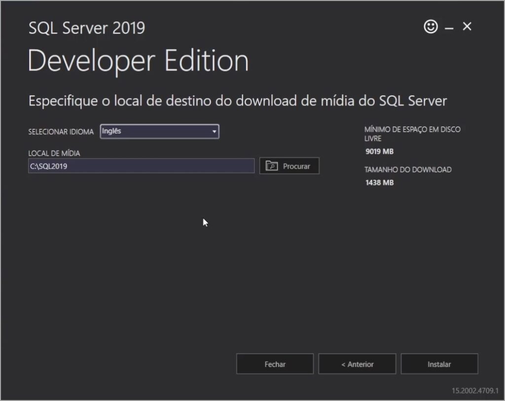 Seleção do idioma na instalação do Microsoft Sql Server