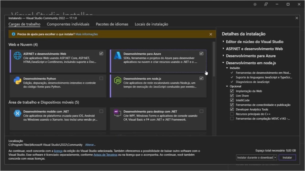 Seleção dos componentes Web e Nuvem na instalação do Visual Studio 2022