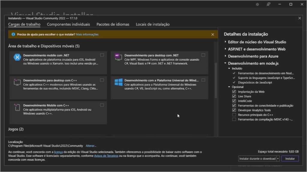 Apresentação das opções de Area de trabalho e desenvolvimento mobile do Visual Studio 2022