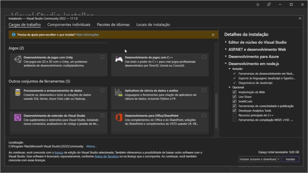 Funcionalidades para Jogos na instalação do Visual Studio 2022