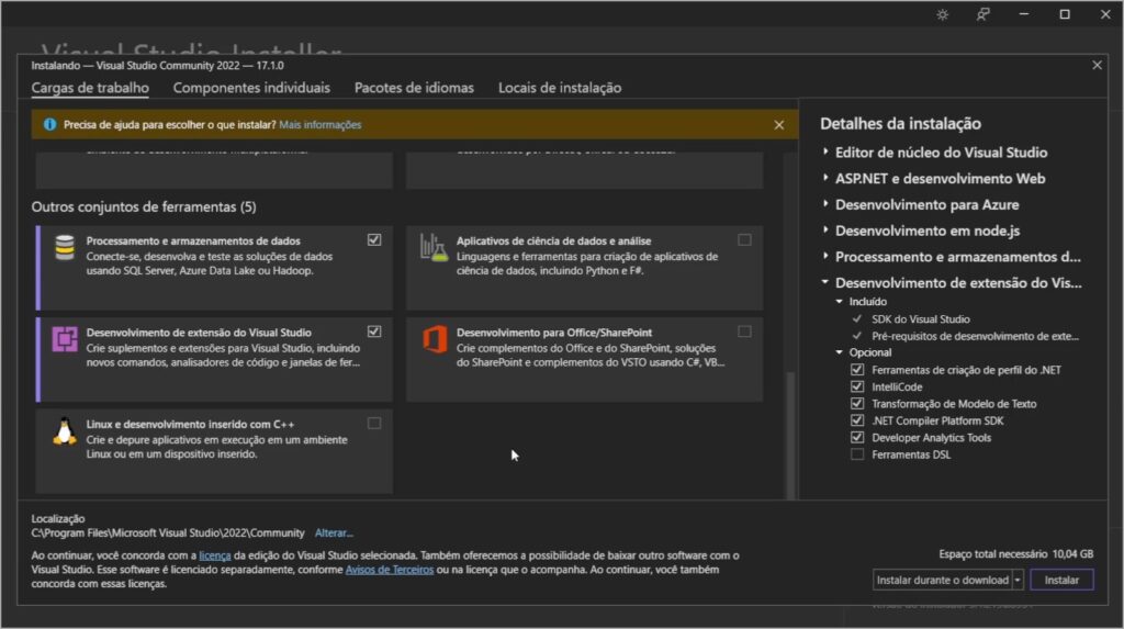 Outros conjuntos de ferramentas na instalação do Visual Studio 2022
