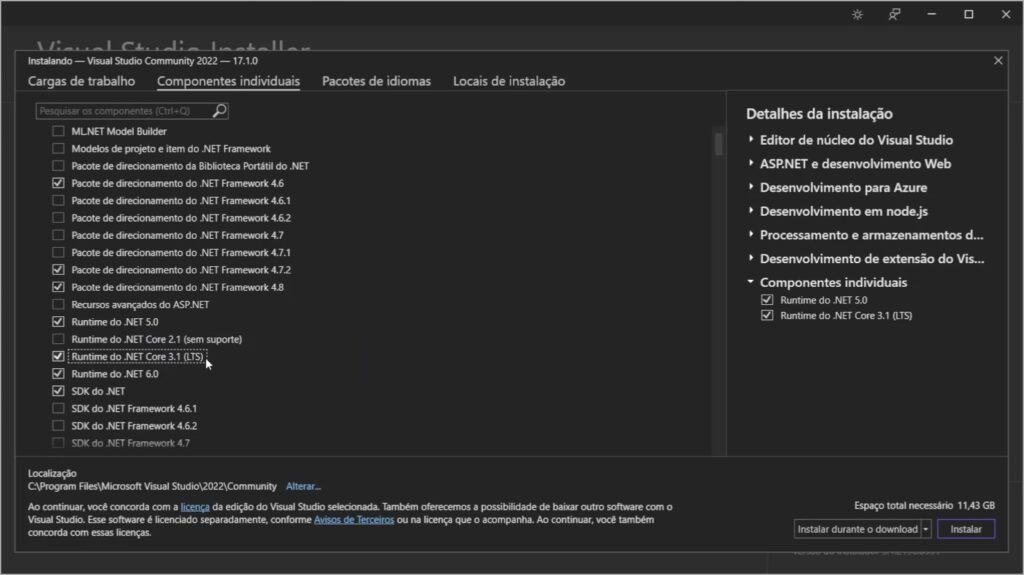 Seleção dos componentes para .NET na instalação do Visual Studio 2022