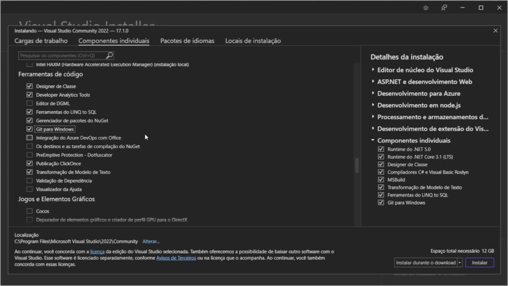 Seleção das Ferramentas de código na instalação do Visual Studio 2022