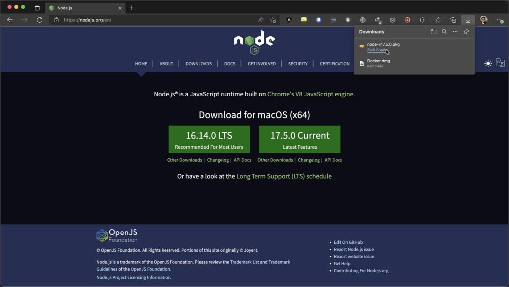 Baixando instalador do NodeJs no MacOs