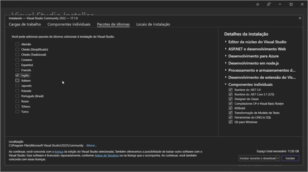 Seleção de idioma na instalação do Visual Studio 2022
