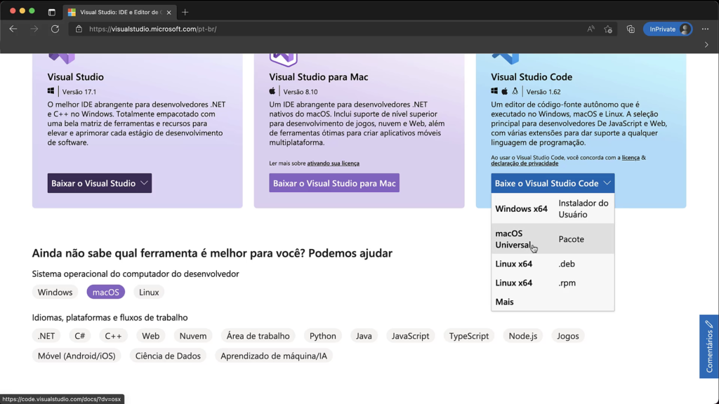 Tela para download do Visual Studio Code no MacOs