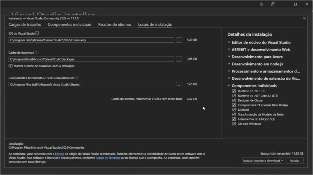 Locais de instalação do Visual Studio 2022