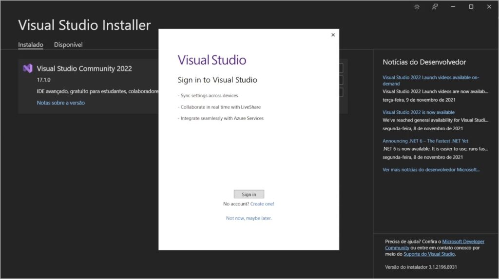 Finalização da instalaçãod o Visual Studio 2022