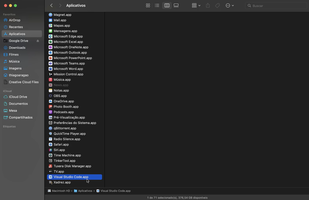 Visual Studio Code sendo exibido nos aplicativos do MacOS