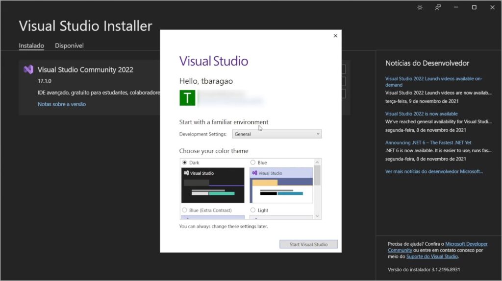 Seleção de Tema no Visual Studio 2022