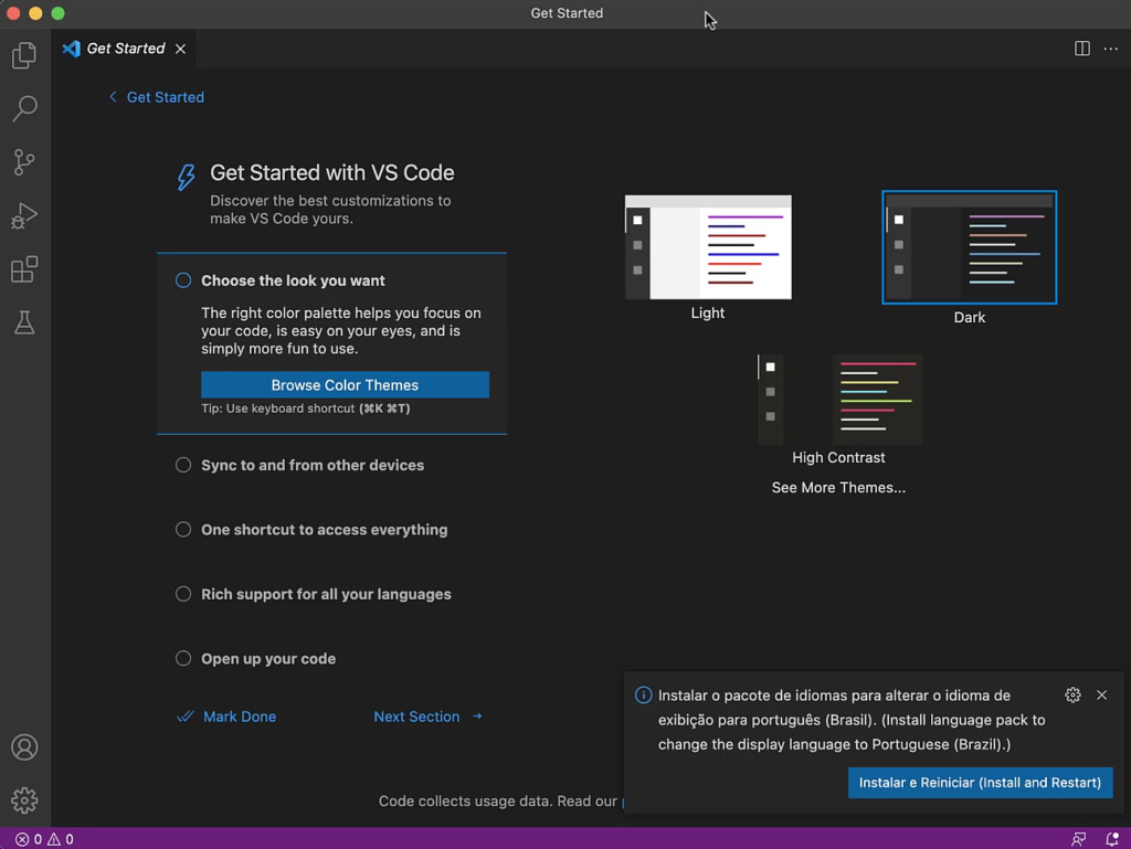 Visual Studio Code aberto no MacOS